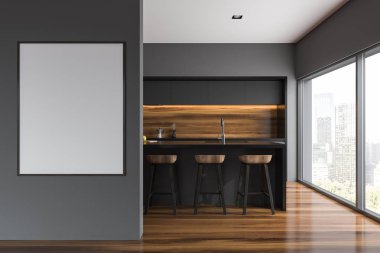 Gri ve ahşap duvar mutfak iç gri mutfak tezgahı, tabureleri olan çubuk ve bir çerçeve dikey poster duvara. 3D render alay