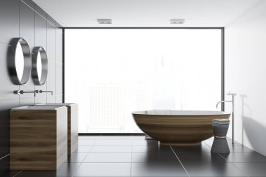 Siyah taş duvarlar, ahşap küvet ve yukarıda asılı iki yuvarlak aynalar ile bir çift lavabo ile panoramik banyo iç. 3D render