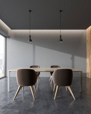 Gri duvar office konferans odası iç bir beton zemin, bir kral masa ve kahverengi sandalyeler. Sahte duvar. 3D render