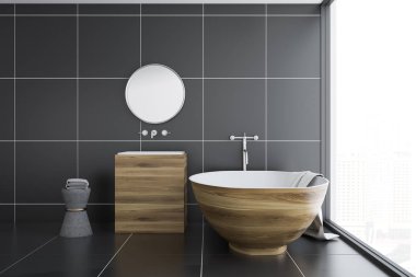 Siyah kiremit banyo iç siyah seramik zemin, ahşap küvet ve bir lavabo üzerinde asılı bir yuvarlak ayna ile. 3D render