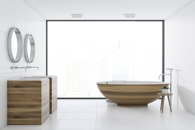 Panoramik banyo iç beyaz duvarlı, beyaz seramik zemin, ahşap küvet ve iki çift lavabo üzerinde asılı aynalar yuvarlak. 3D render