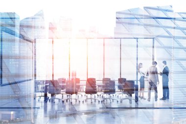 İş ekip üyeleri bir modern şirket boardroom söz ediyoruz. İş stratejisi kavramı. Cityscape ön plan. Tonlu görüntü pozlama sahte katlayın