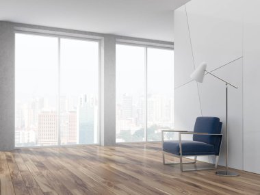 Beyaz geometrik duvar desen boş oturma odası iç ahşap zemin, bir lamba, büyük pencereler ve mavi bir koltuk. 3D render alay