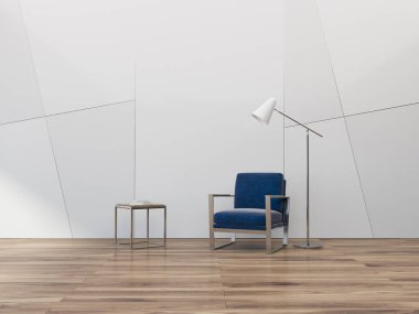 Beyaz geometrik duvar desen boş oturma odası iç ahşap zemin, bir lamba, sehpa ve mavi bir koltuk. 3D render alay