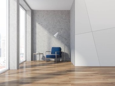 Beyaz geometrik duvar desen boş oturma odası iç ahşap zemin, bir lamba ve bir sehpa ile birlikte. 3D render alay