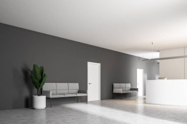 Gri duvarlar ve beyaz bir zemin ile modern şirket ofis salonunda beyaz Resepsiyon Masa ayakta. Gri kanepeler ziyaretçiler için. İş iç kavramı. 3D render alay