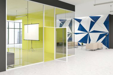 Parlak sarı boardroom iç panoramik pencerelere ve siyah ofis koltukları tarafından çevrili bir kral tablo. Cam duvar ve kapı. Şirket lobisi ile sahte ekran ve bekleme odası. 3D render