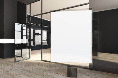 Siyah tuğla afiş Galerisi. Dikey ve yatay boş poster çerçeveleri duvarlarda asılı. Pazarlama, reklam ve Sanat Sergisi kavramı. Bir yan görünümü 3d render alay