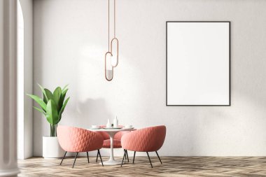 Yanında duran pembe koltuklar ile yuvarlak masa. Modern kahve dükkanı iç. Poster çerçevesi kadar dikey sahte. A yakın çekim. 3D render