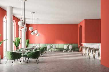Yeşil kanepe lüks restoran iç kırmızı duvarlar, büyük kemerli pencereler ve sütunları ile. Bir çubuğu sağ. 3D render alay