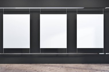 Bos bir odada siyah bir duvara asılı afiş kadar dikey sahte satır. Reklam kavramı. 3D render
