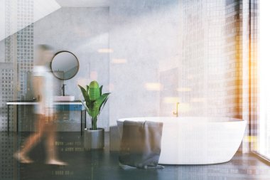 Beton duvarlar ve zemin, küvet ve yuvarlak bir ayna ile bir lavabo ile çift banyo iç. Kadın 3d render sahte tonlu görüntü çift pozlama kadar bulanık