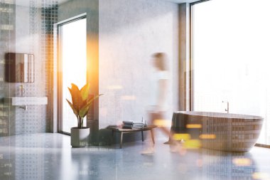 Beton duvarlar ve zemin, küvet ve lavabo ile çift banyo iç. Büyük pencereler A kadın 3d render sahte tonlu görüntü çift pozlama kadar bulanık