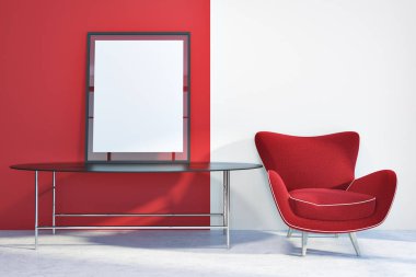 Kırmızı modern oturma odası iç bir beton zemin, parlak kırmızı koltuk ve poster çerçeve ayakta bir tablo kadar dikey sahte. 3D render