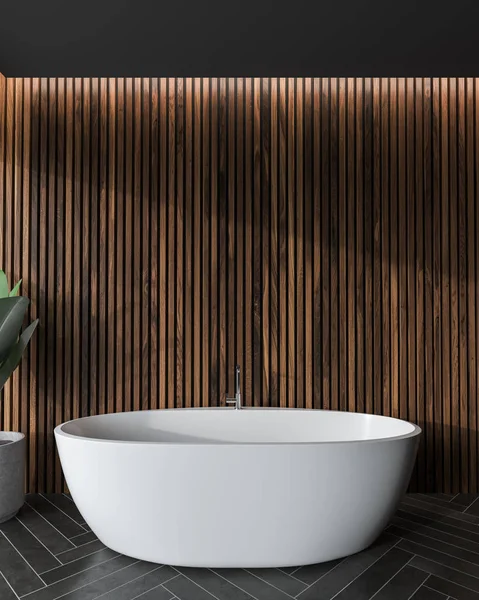 Koupelny Interiér Tmavých Dřevěných Stěn Bílý Elegantní Vanou Černé Dřevěné — Stock fotografie