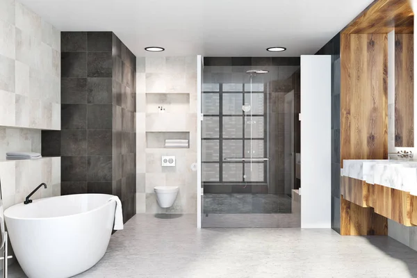 白と黒のタイル 木製の壁 シャワー バスタブ ダブル洗面台 トイレとの古典的なバスルームのインテリア レンダリング — ストック写真