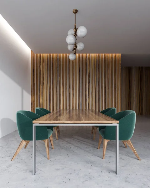 Wooden and white wall office conference room interior with a concrete floor, a king size table and green chairs. A mock up wall 3d rendering