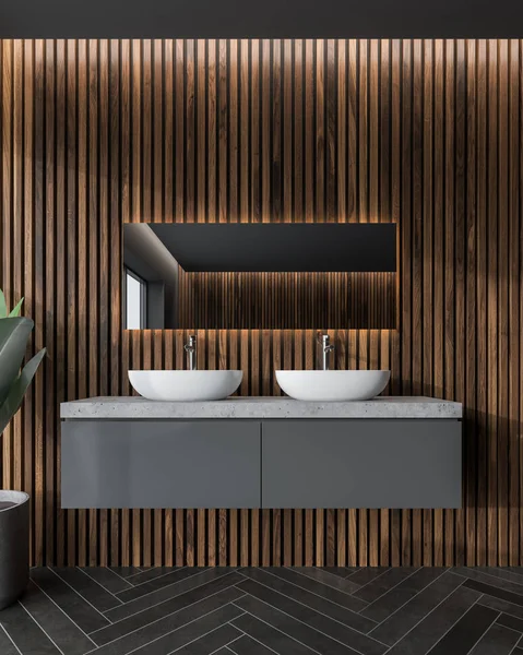 Bathroom Interior Dark Wooden Walls Double Sink Standing Gray Countertops — Stock Photo, Image