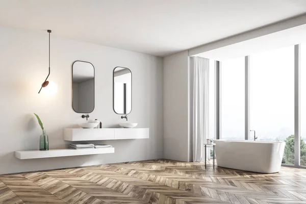 浴室角落里有白色的墙壁 一个双水槽站在白色的台面上 两个垂直的镜子挂在上面 一层木地板 渲染模拟 — 图库照片