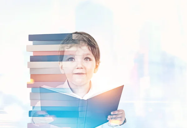 Portrait Cute Little Boy White Shirt Holding Open Book Looking — Stock Photo, Image