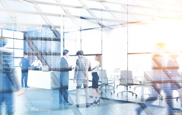 Business People Walking Talking Modern Office Lobby Reception Skyscraper Foreground — Stock Photo, Image