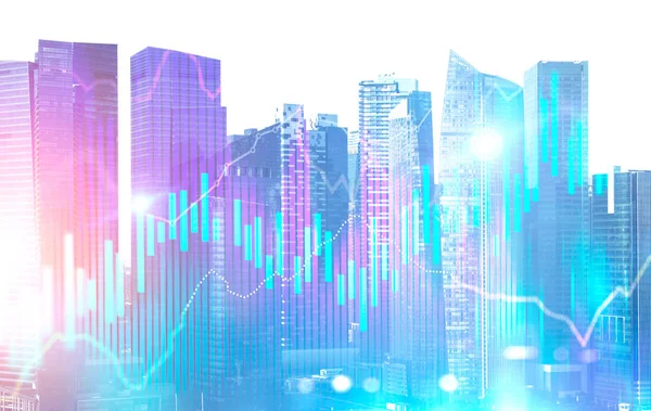 蓝色红色发光的外汇样式图和条形图身临其境的界面对城市的看法背景 股票和交易所的概念 业务摘要图表色调图像双曝光模拟 — 图库照片