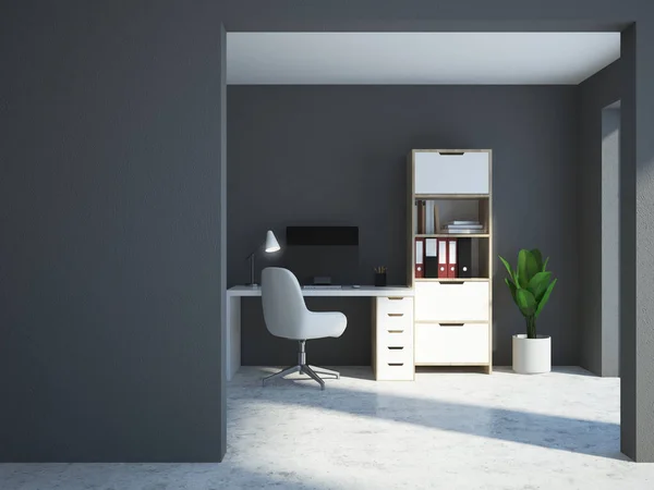 Gray Home Office Interior Concrete Floor White Computer Table Bookcase — Stock Photo, Image