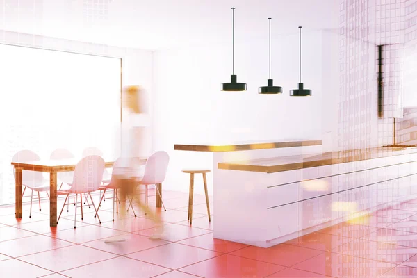 Λευκή Κουζίνα Countertops Στέκεται Ένα Εσωτερικό Κουζίνα Μια Ροζ Πλακάκια — Φωτογραφία Αρχείου