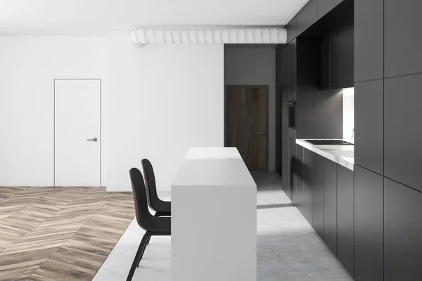 White Black Kitchen Interior Studio Apartment Wooden Marble Floor Black — Stock Photo, Image