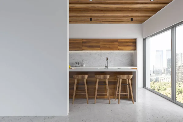 Interior Cocina Blanca Con Suelo Hormigón Encimeras Madera Con Electrodomésticos — Foto de Stock