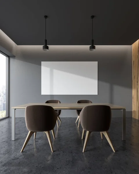 Grauer Konferenzraum Mit Betonboden Einem Großen Tisch Und Braunen Stühlen — Stockfoto