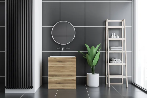 Black Tile Bathroom Interior Black Tile Floor Wooden Sink Mirror — Stock Photo, Image