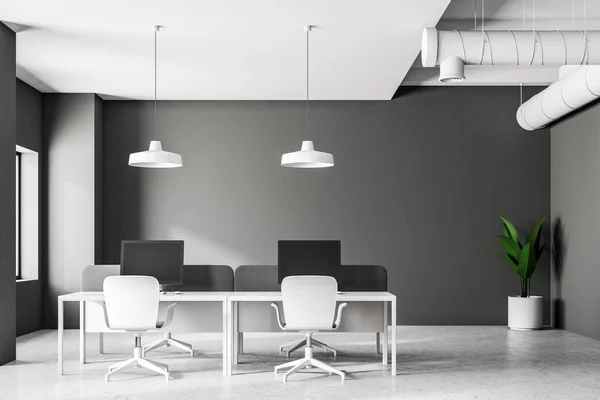 Dark gray industrial style office interior with a white floor, loft windows, simple white tables and chairs. Computers on desks. A plant in the corner. 3d rendering mock up