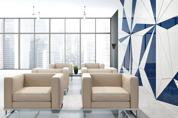 Office company clinic bank interior with a geometric wall pattern, and rows of comfortable beige armchairs standing near a beautiful cityscape window. A waiting area concept. 3d rendering