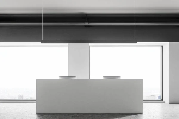 白色招待会桌站立在一个现代公司开放空间办公室与全景窗口 商业内部的概念 前面的视图 渲染模拟 — 图库照片