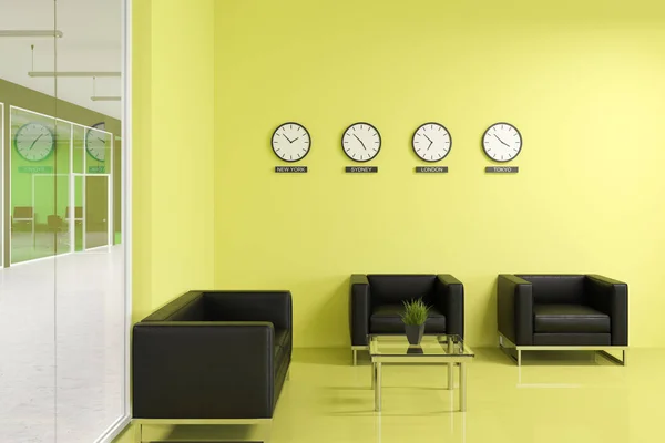Office company bank interior with bright yellow walls, world cities clocks, and comfortable black armchairs standing near an elegant coffee table. A waiting area concept. 3d rendering