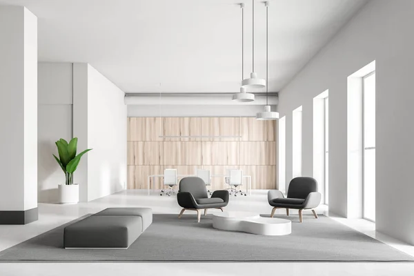 Bureau Blanc Bois Intérieur Salle Attente Avec Des Fauteuils Gris — Photo