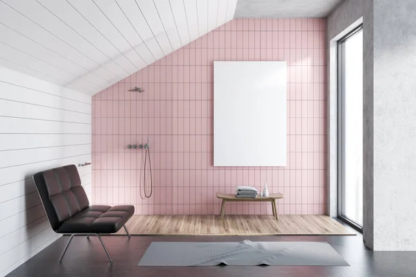 Attic Bathroom Interior Pink Tiled Walls Concrete Floor Rug Shower — Stock Photo, Image
