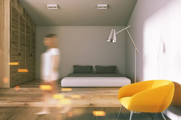 Scandinavian Style Bedroom Interior White Walls Double Bed Yellow Armchair — Stock Photo, Image