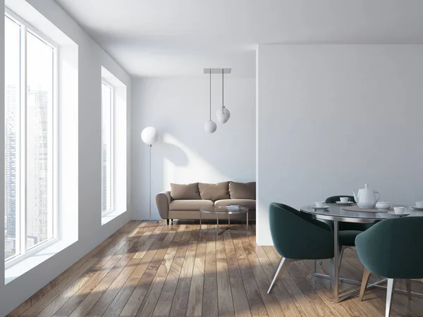豪华米色沙发站在斯堪的纳维亚风格的阁楼客厅内部 原来的地板和天花板灯和一个饭厅在前台 渲染模拟 — 图库照片