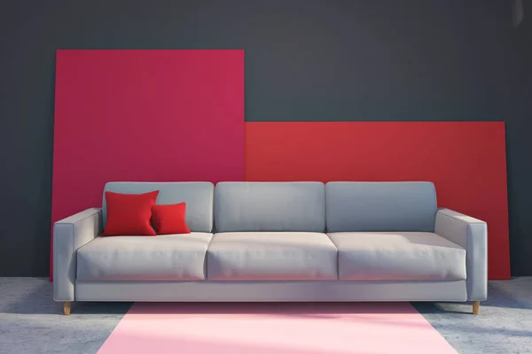 바닥에 카펫을 핑크와 회색과 빨간색 거실에 방석과 렌더링을 — 스톡 사진