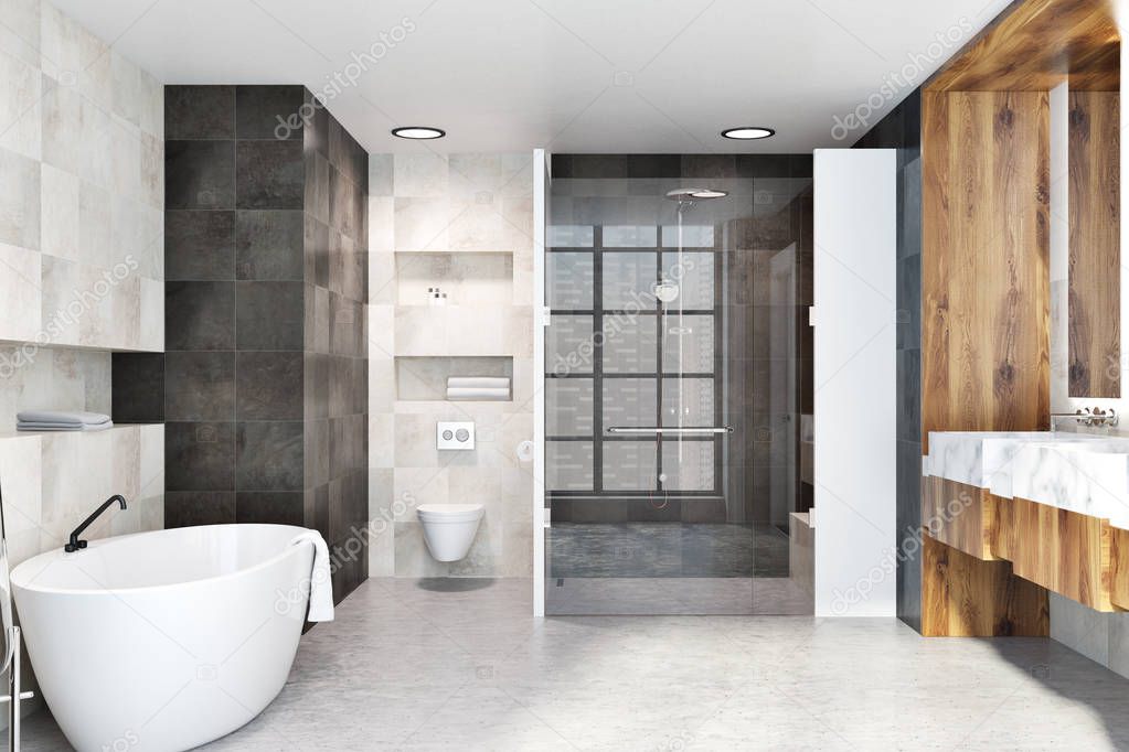 Classic bathroom interior with white and black tiles, a wooden wall, a shower, a bathtub, a double sink and a toilet. 3d rendering