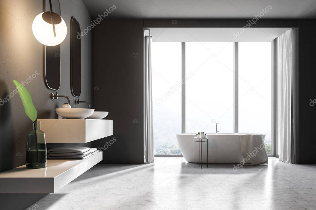 Bathroom interior with black tile walls, a double sink standing on white countertops and a two vertical mirrors hanging above it. A marble floor and a bathtub. 3d rendering mock up