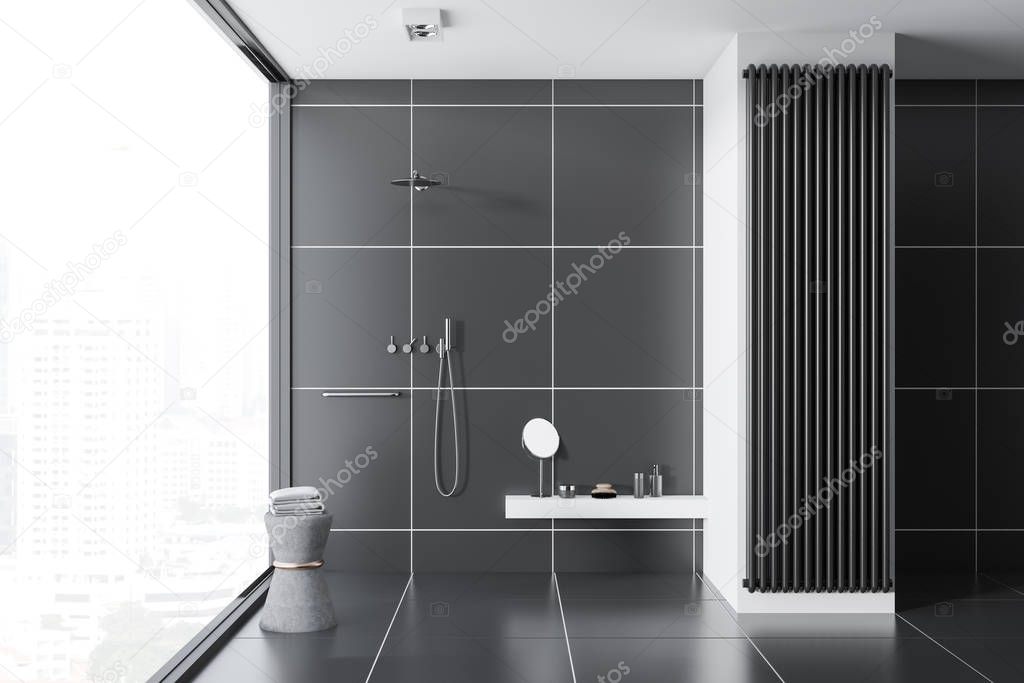 Black tile bathroom interior with a black tile floor, a panoramic window and a shower. Concept of a cozy home. 3d rendering mock up