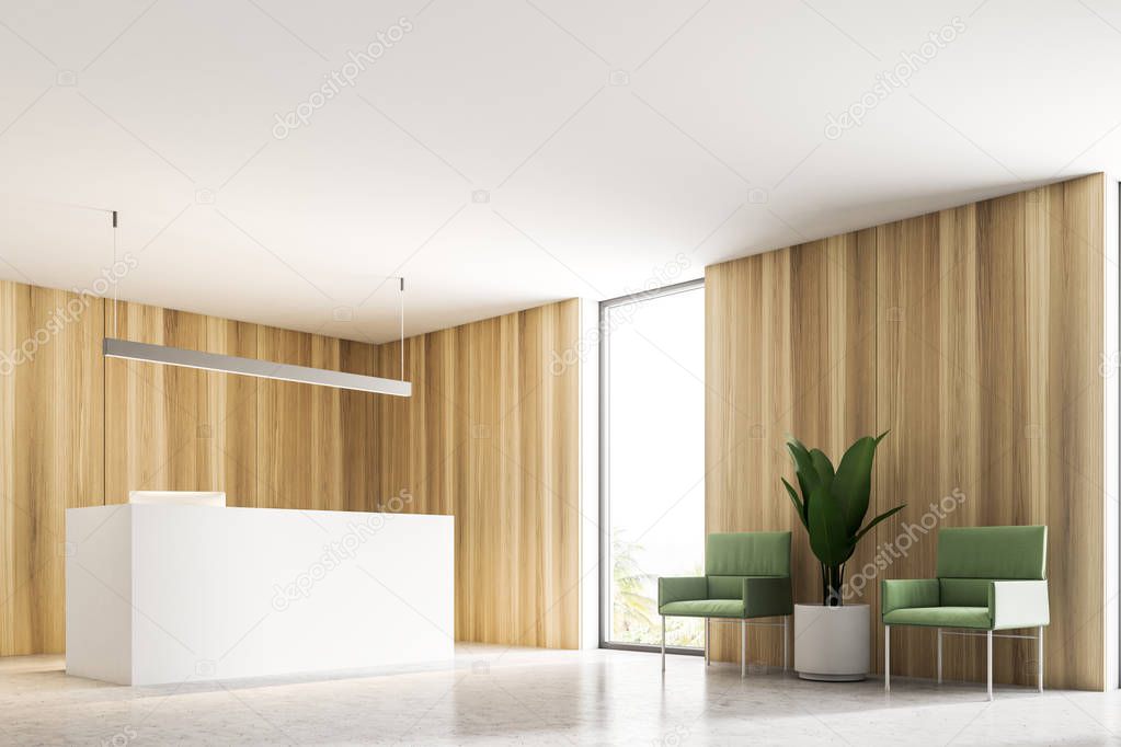 White reception table standing in a modern company office corner with wooden walls and a white floor. Concept of business interior. 3d rendering mock up