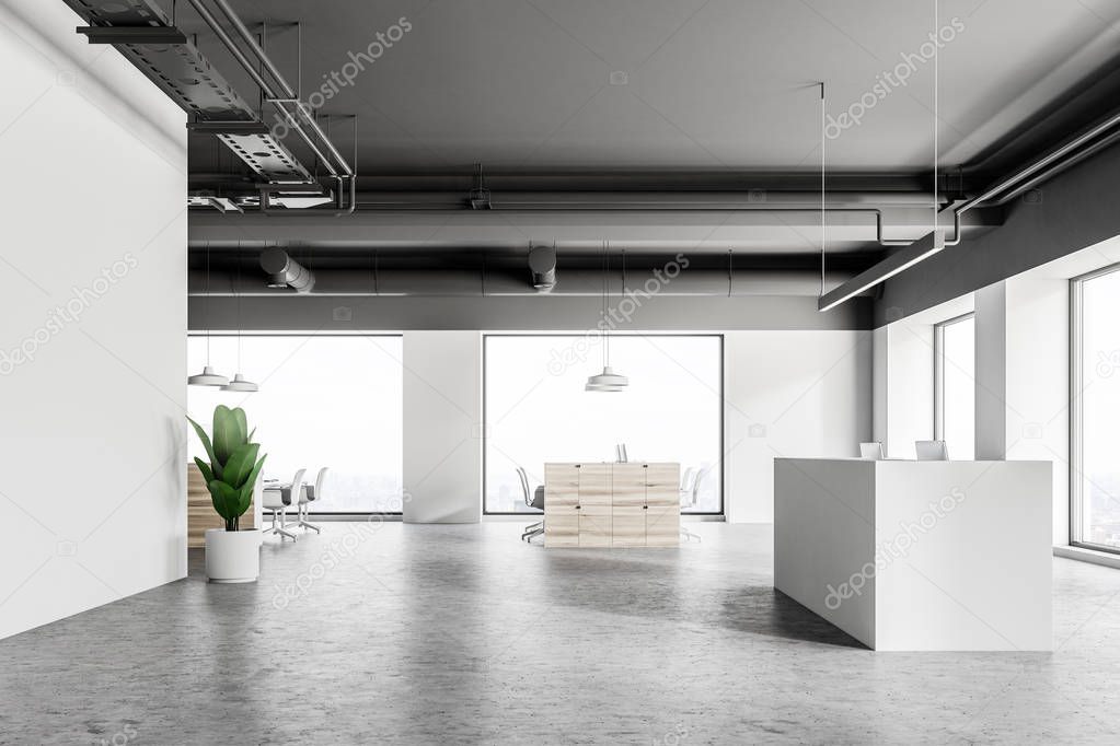 White reception table standing in a modern company open space office with white walls. Concept of business interior. 3d rendering mock up