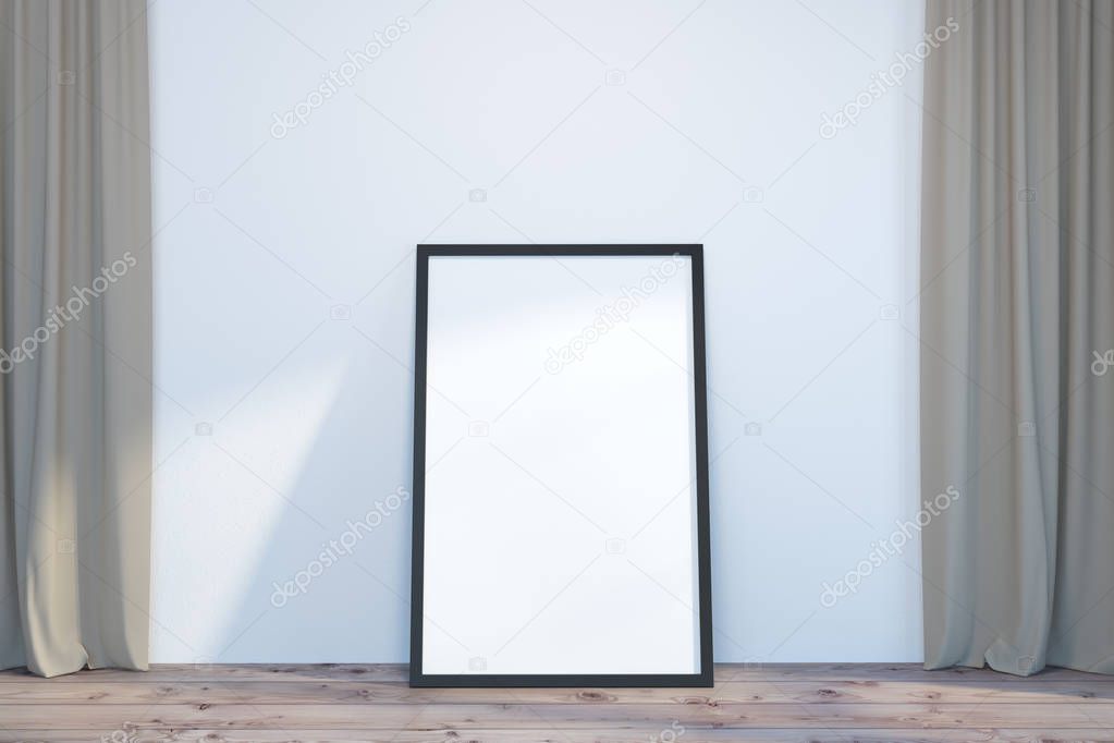 Empty room interior with white walls, a wooden floor and a vertical mock up poster frame standing between the curtains. 3d rendering