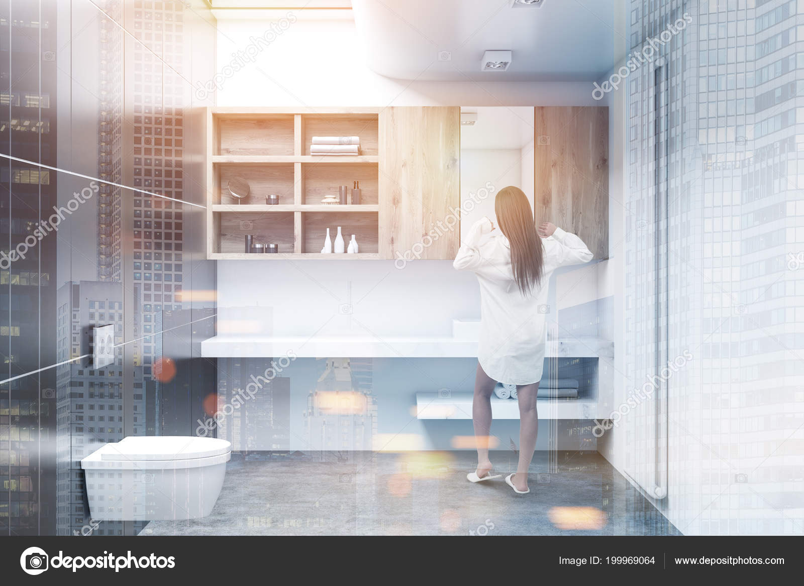 Moderna Casa De Banho Interior Com Paredes Brancas, Grandes Janelas, Dois  Banheiros, Uma Pia De Pé Sobre Um Armário De Madeira Escura E Um Espelho  Retangular Acima Dela. Renderização 3D Mock Up
