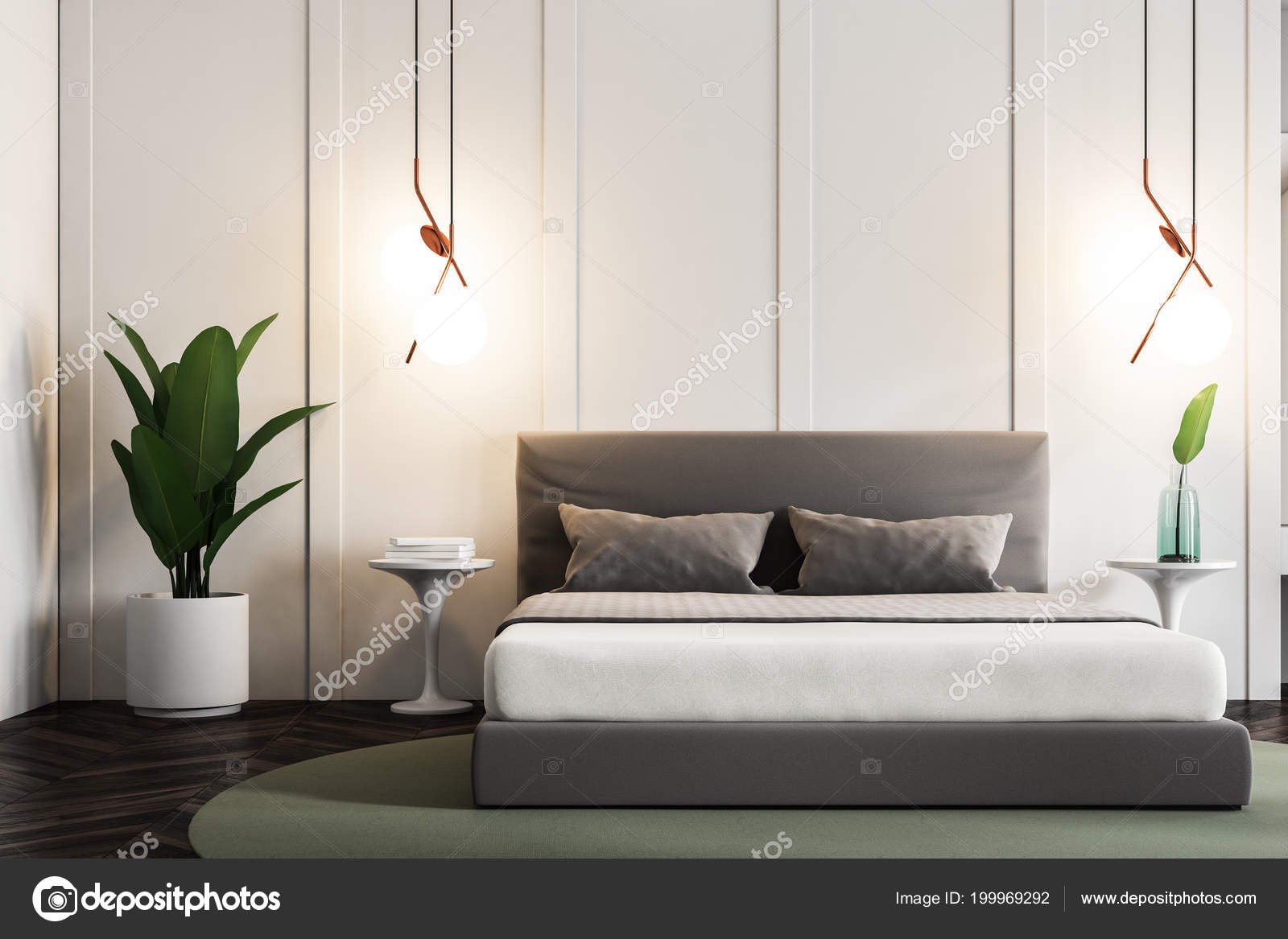 Moderne Slaapkamer Interieur Met Witte Muren Een Houten Vloer Met ... Moderne Slaapkamer Interieur Met Witte Muren Een Houten Vloer Met ...