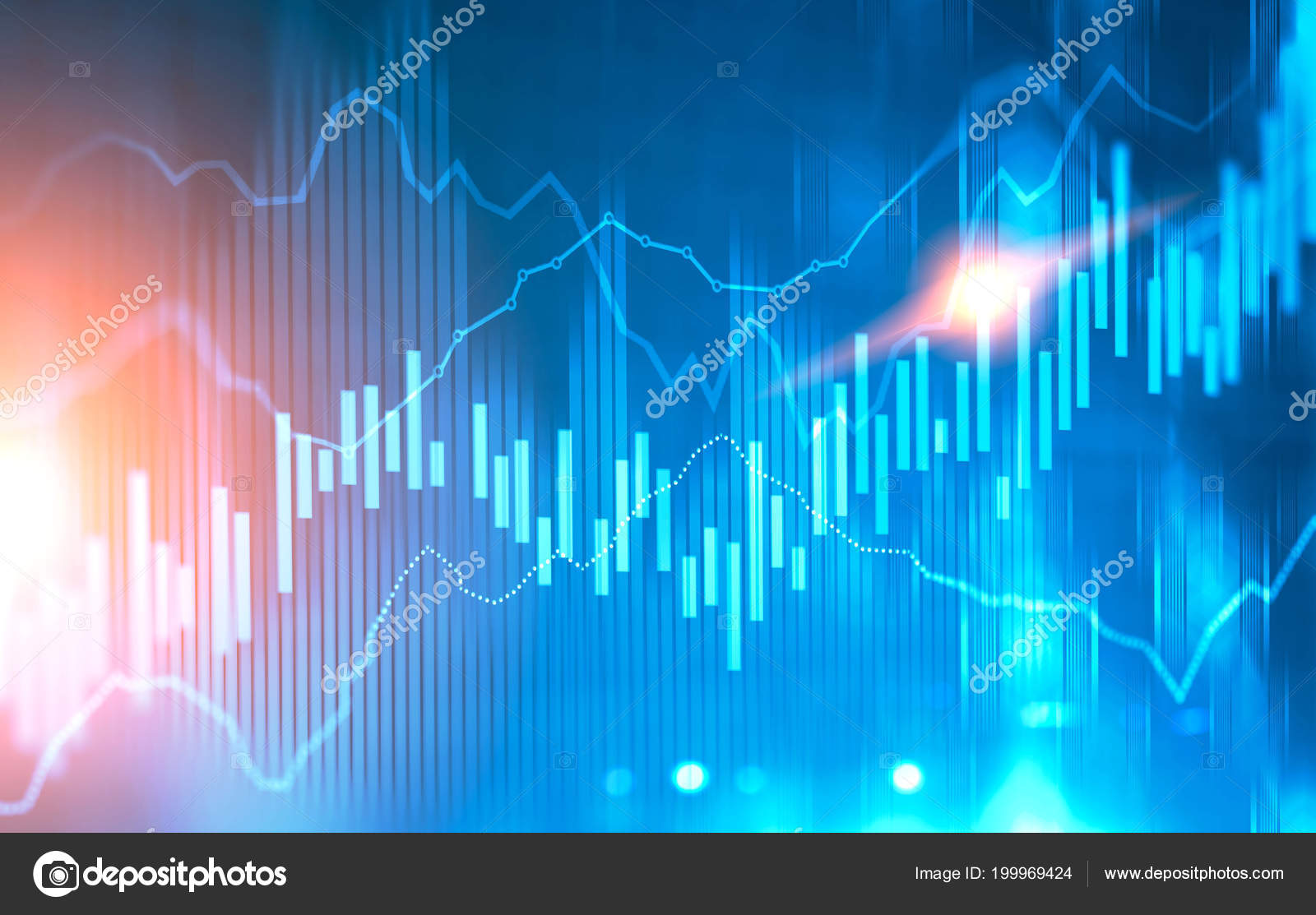 Glowing Forex Graphs Bar Charts Immersive Interface Blurred Blue Red - 